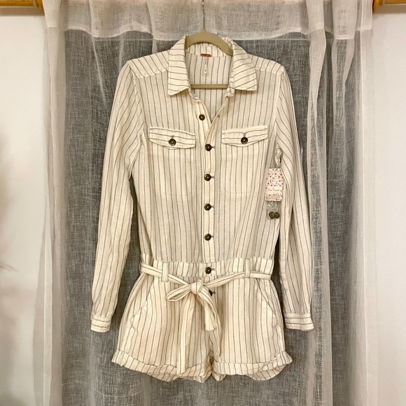 Free People Linen Striped Romper - Picture 1 of 7